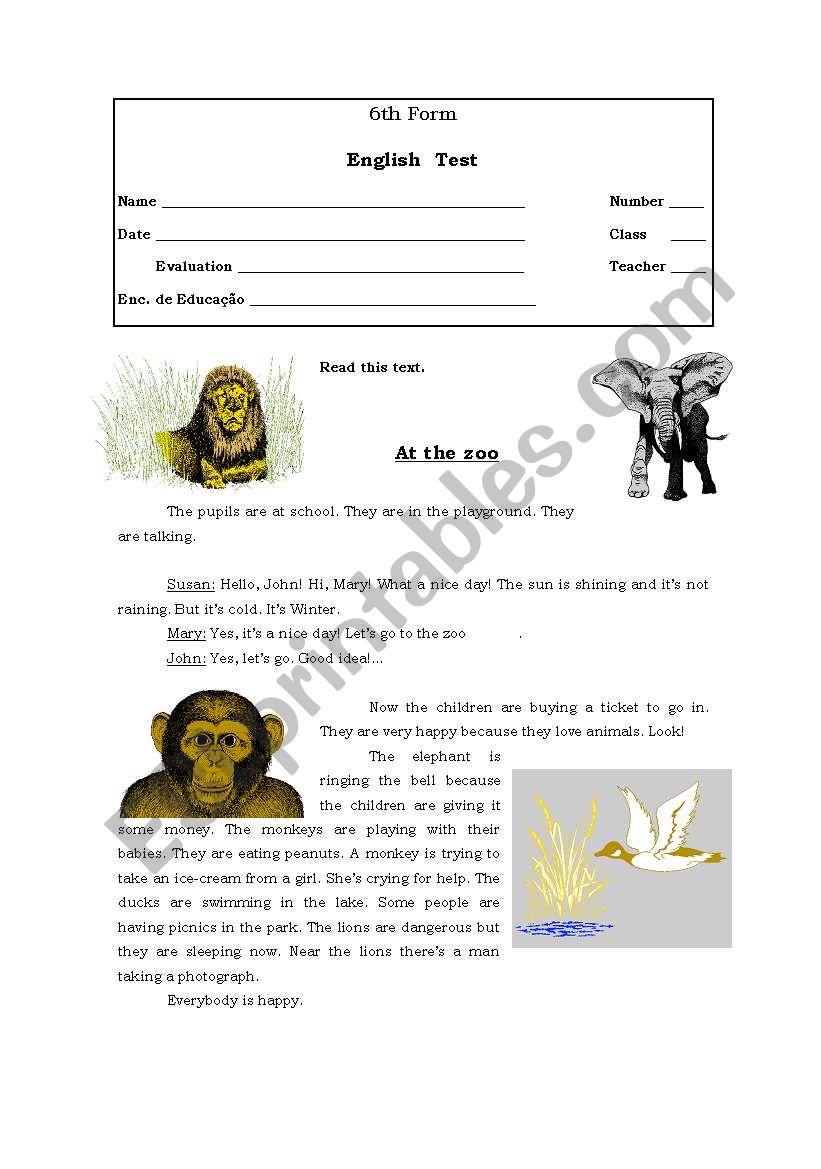 At the zoo worksheet