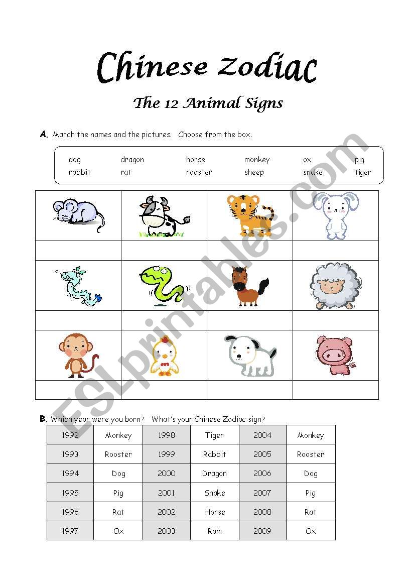 Chinese Zodiac Signs worksheet