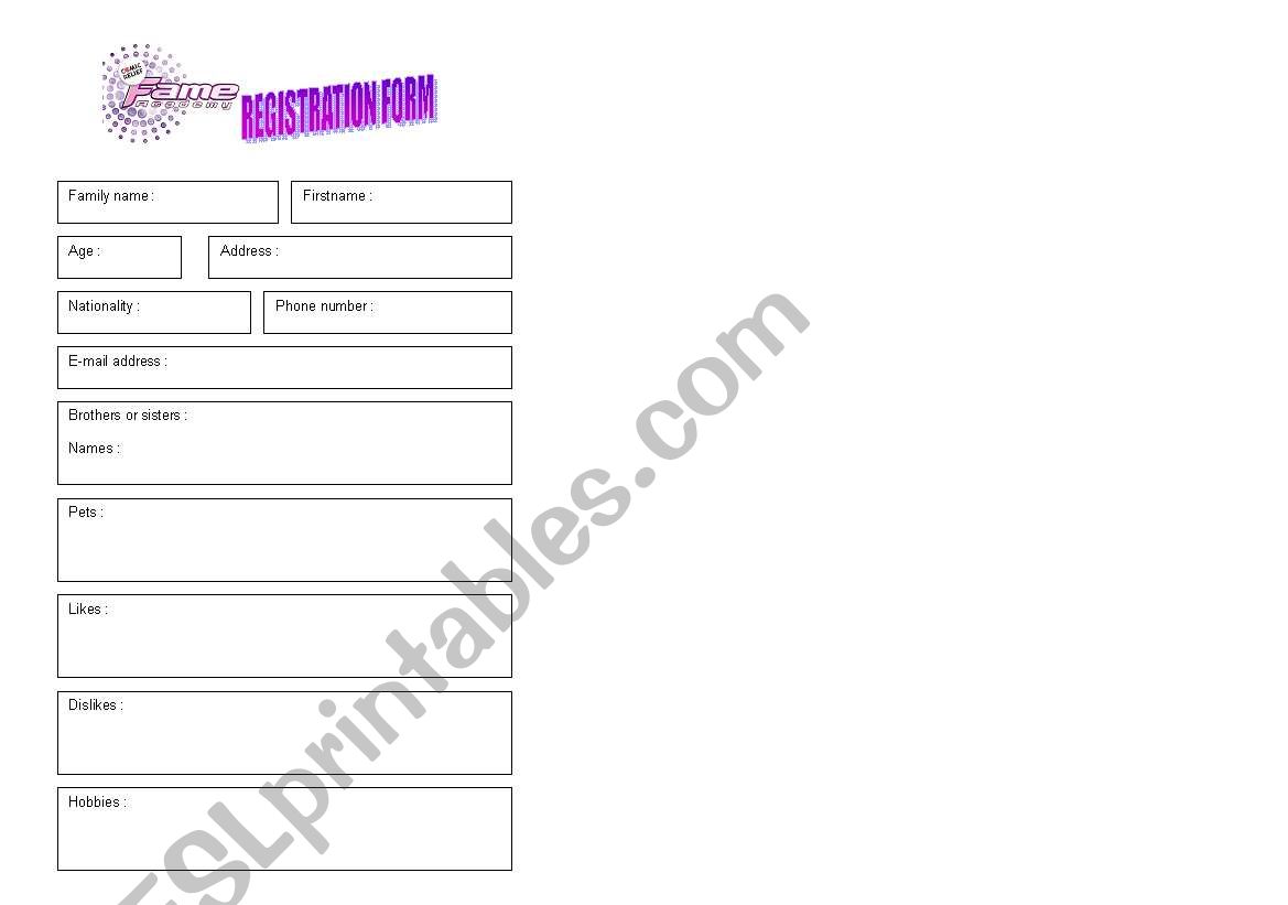 registration form worksheet