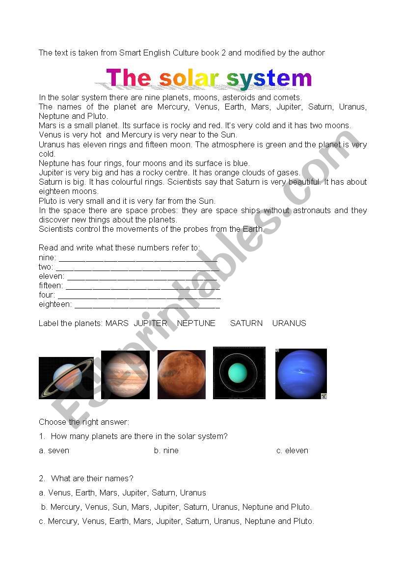 the solar system worksheet