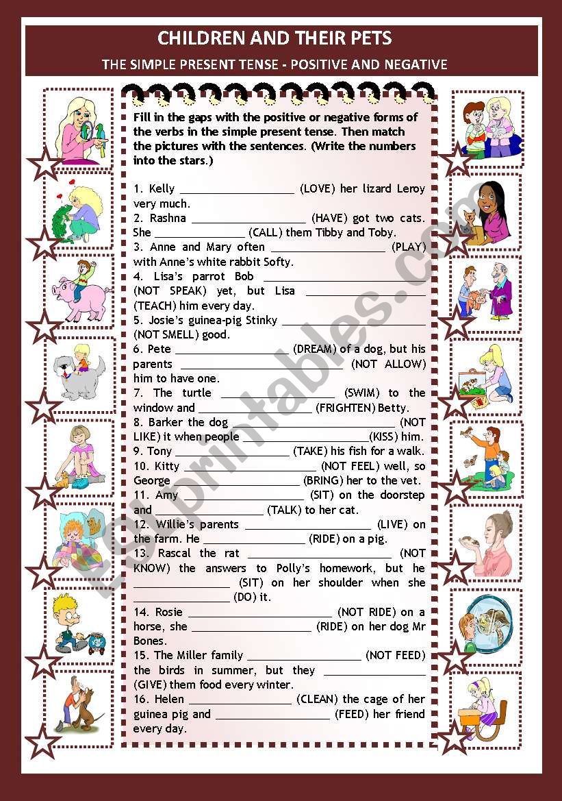 The simple present tense - positive and negative sentences - Children and their pets