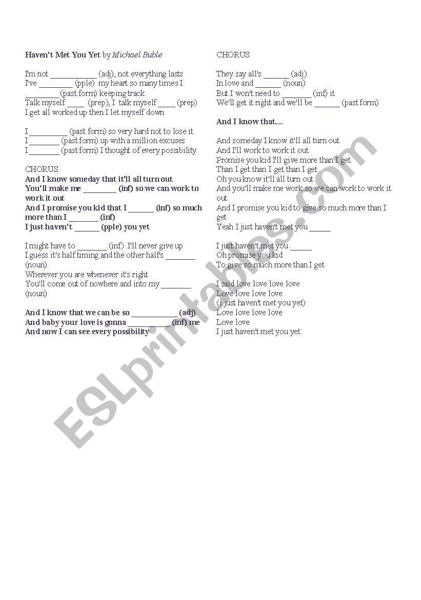 English worksheets: I haven´t met you yet (Michael Bublé)