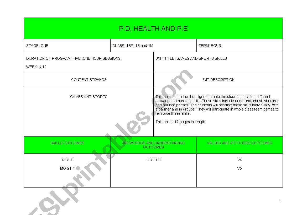 Year One Sport worksheet