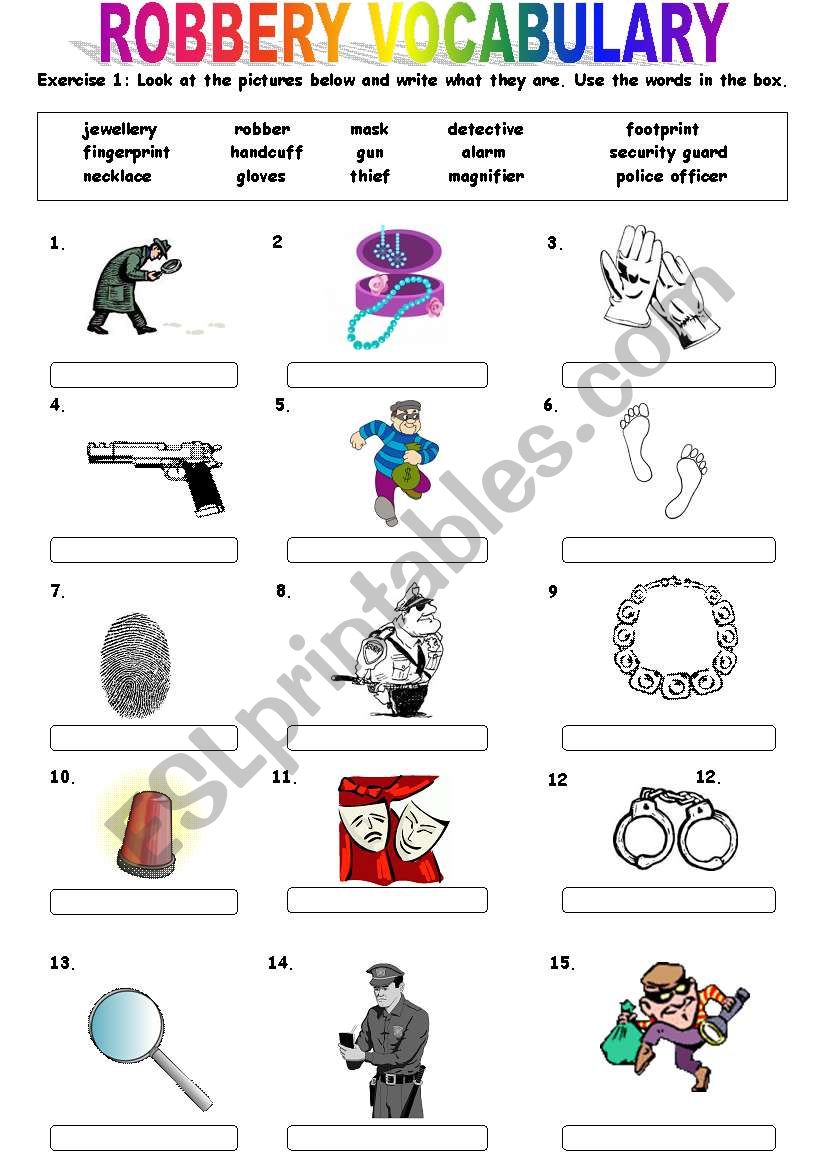 robbery vocabulary and exercises (2 pages)