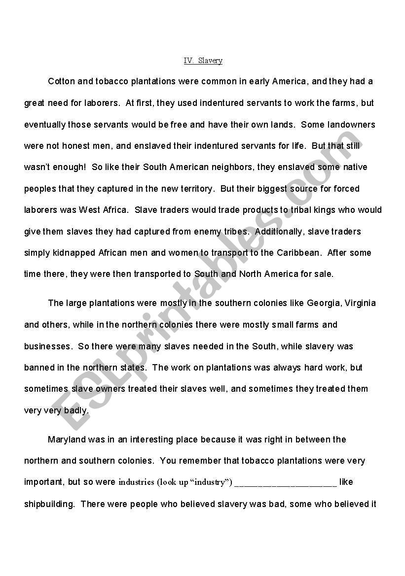 Slavery In America worksheet