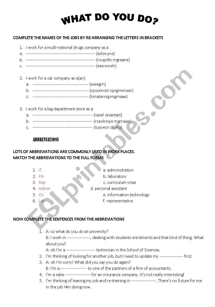 what do you do? worksheet