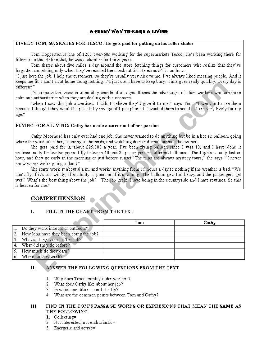 a funny way to earn a living worksheet