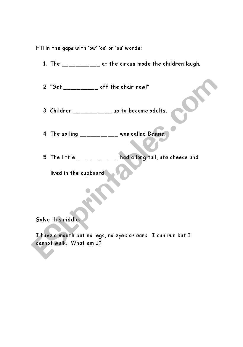 oa ow and ou spelling practise