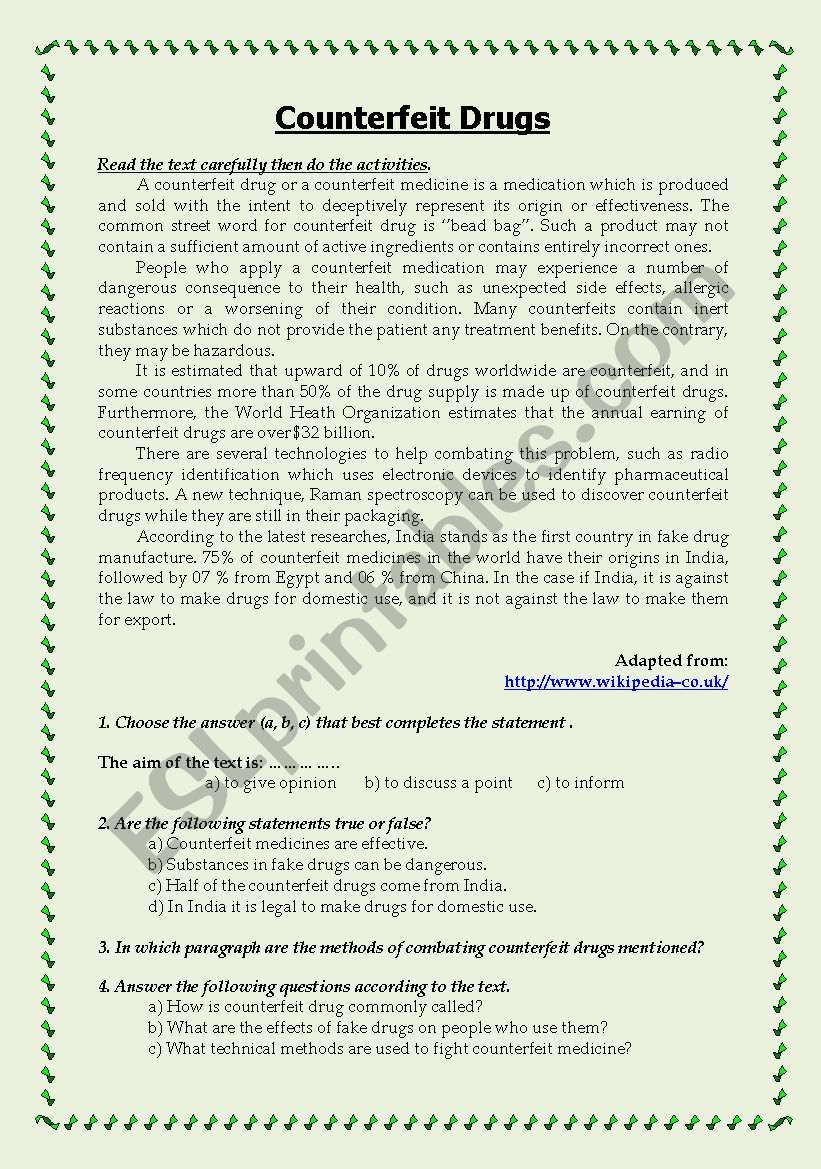 counterfeit drugs worksheet