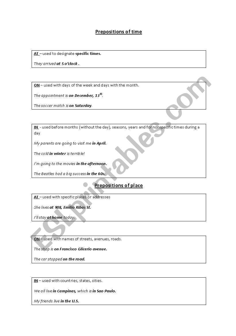Prepositions of time and place