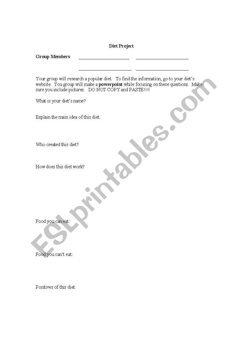 Diet Webquest worksheet
