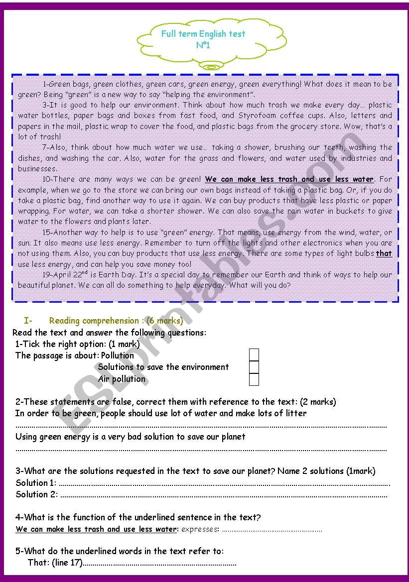 9TH FORM FULL TERM TEST worksheet