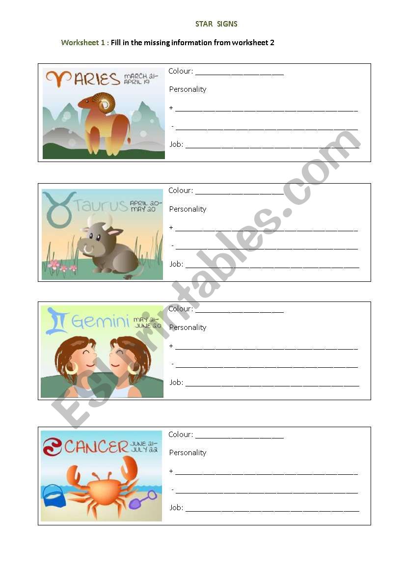 Zodiacs - star signs 2 worksheet