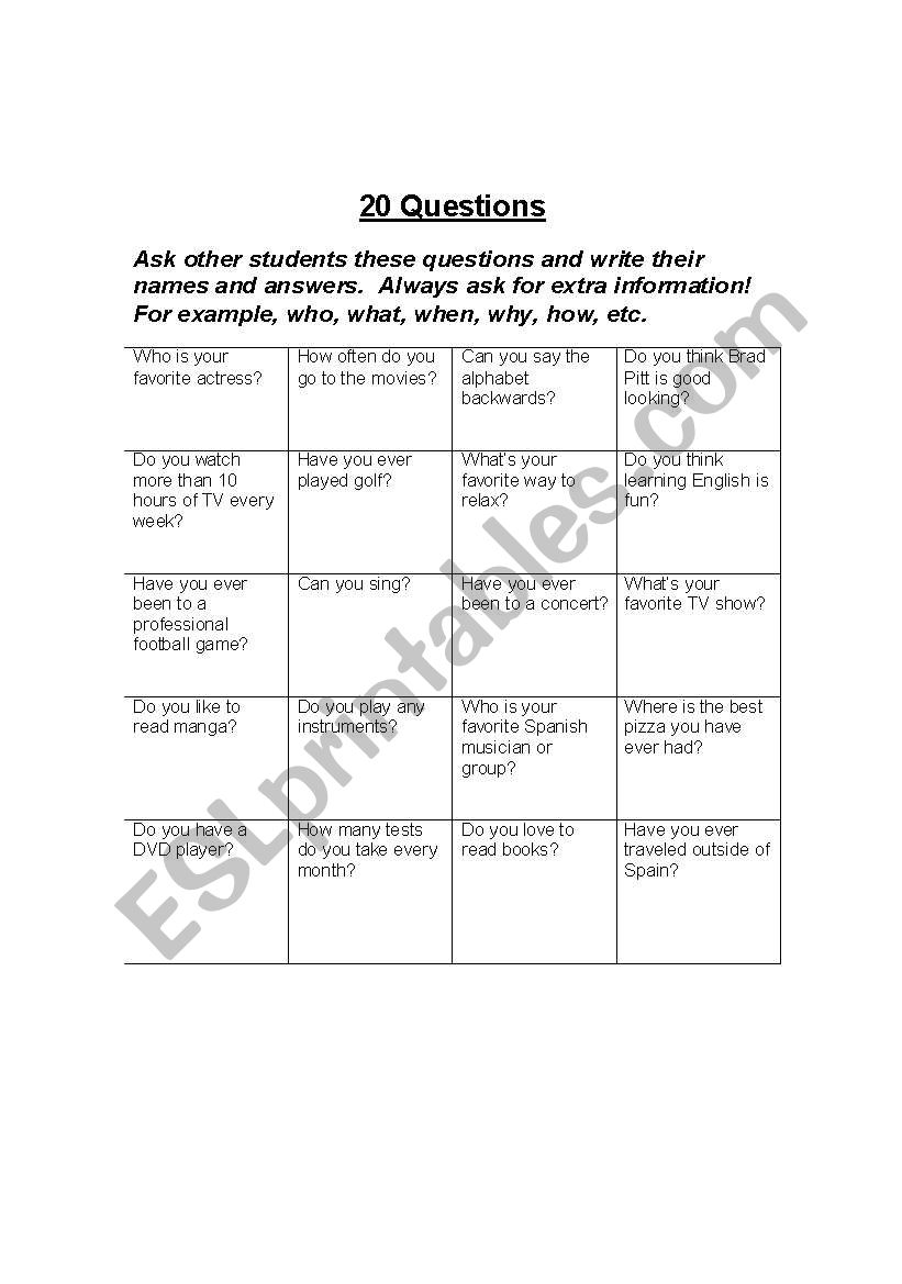 20 Questions worksheet