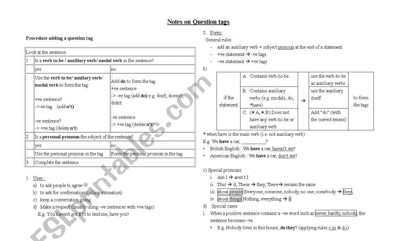 Notes on question tags worksheet