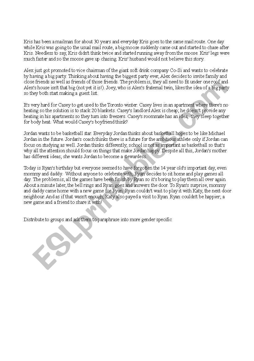 Gender specific short test worksheet