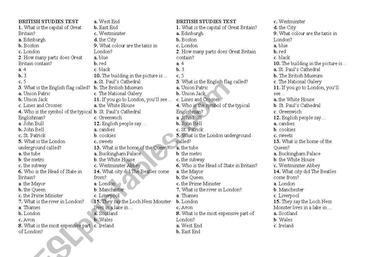 British studies test worksheet