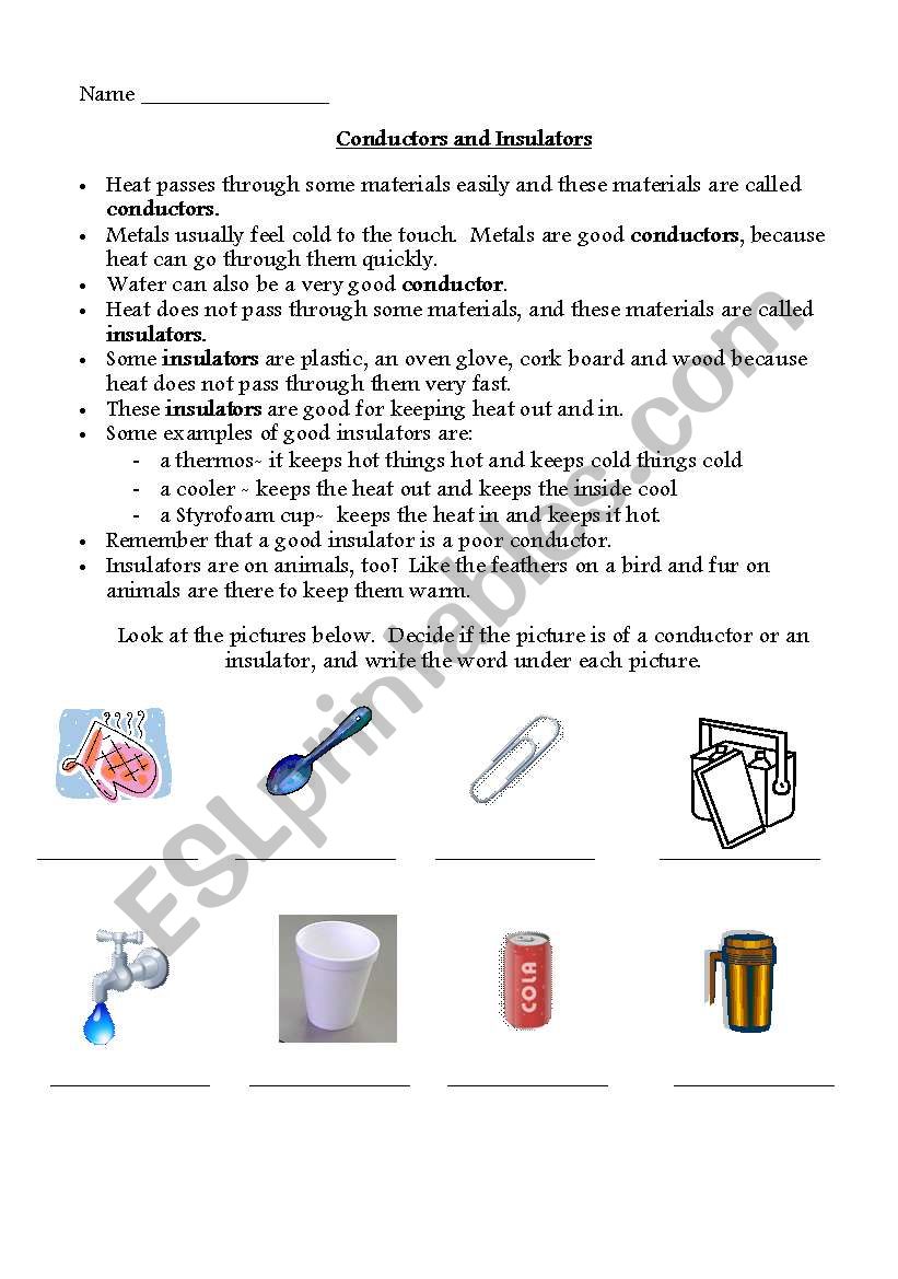 English worksheets: Conductors and Insulators With Conductors And Insulators Worksheet