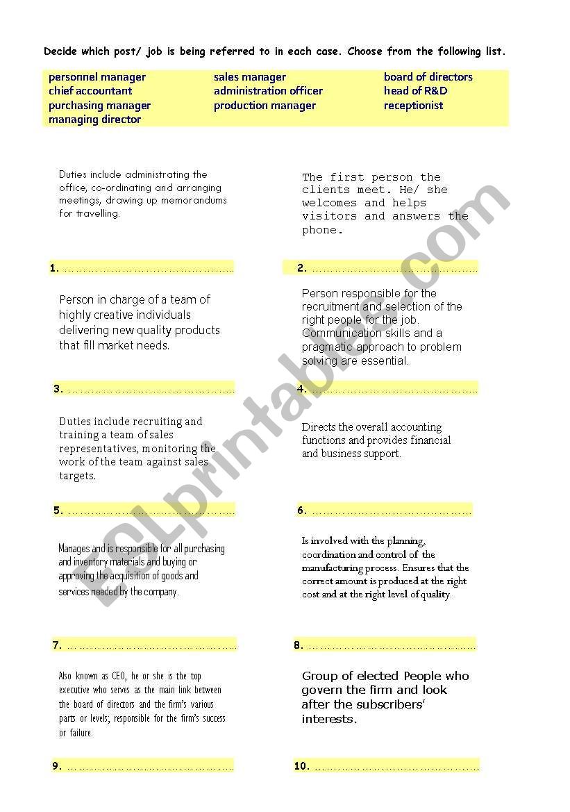 Posts/ jobs in a company worksheet