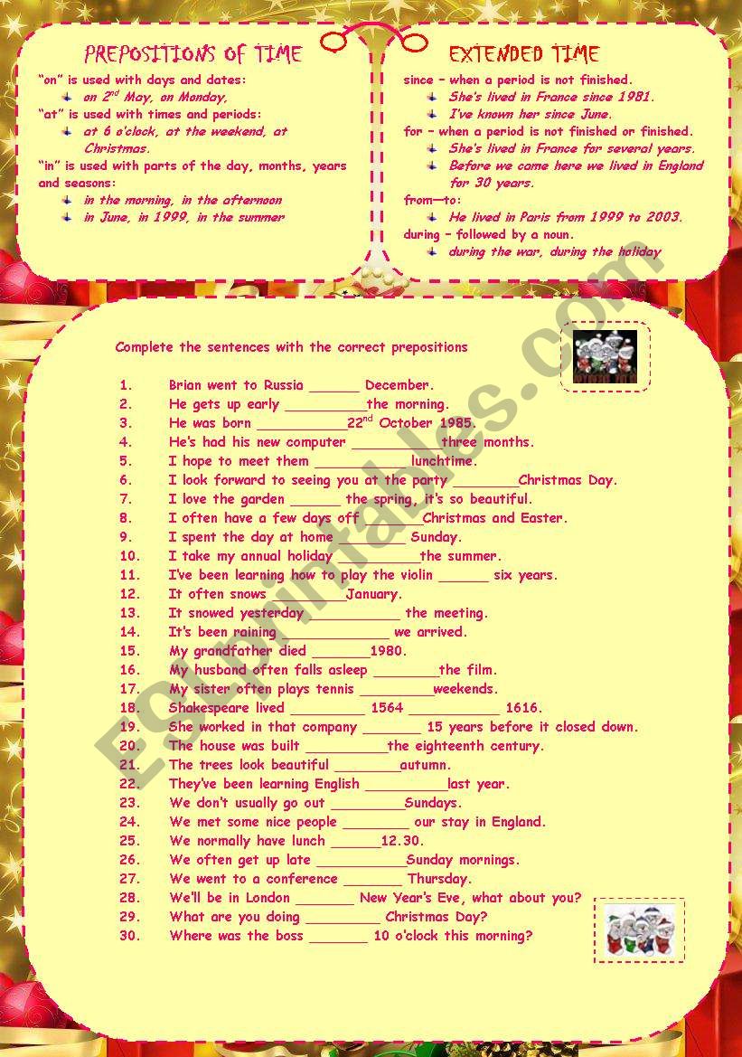 PREPOSITIONS OF TIME worksheet