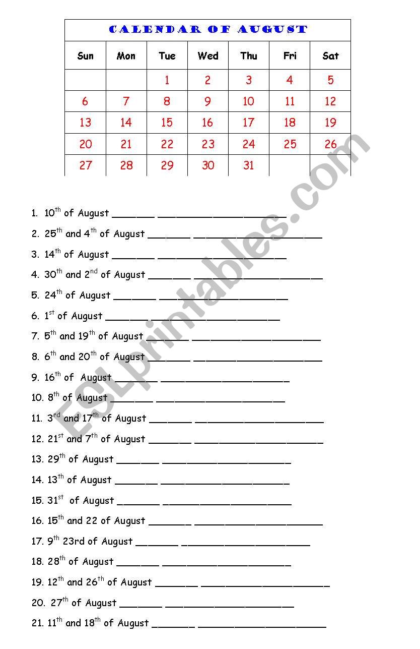 calendar worksheet