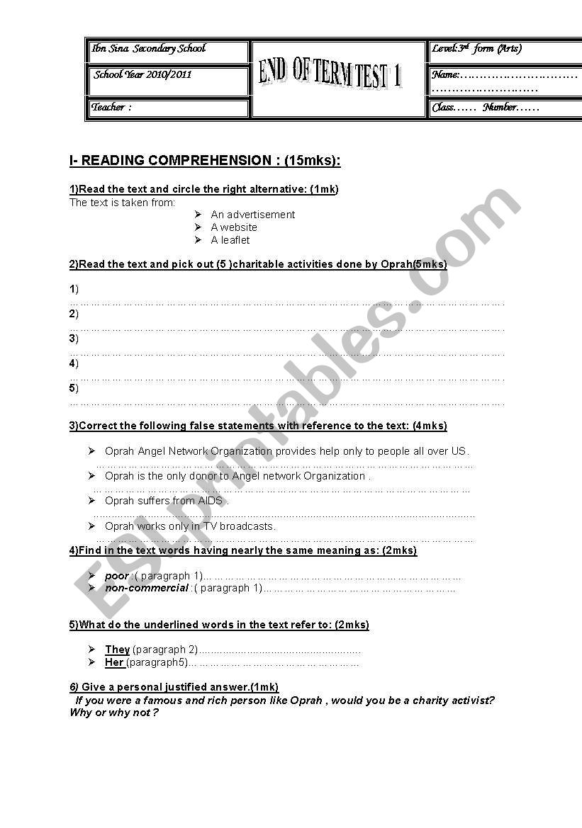 end-term-test third year worksheet