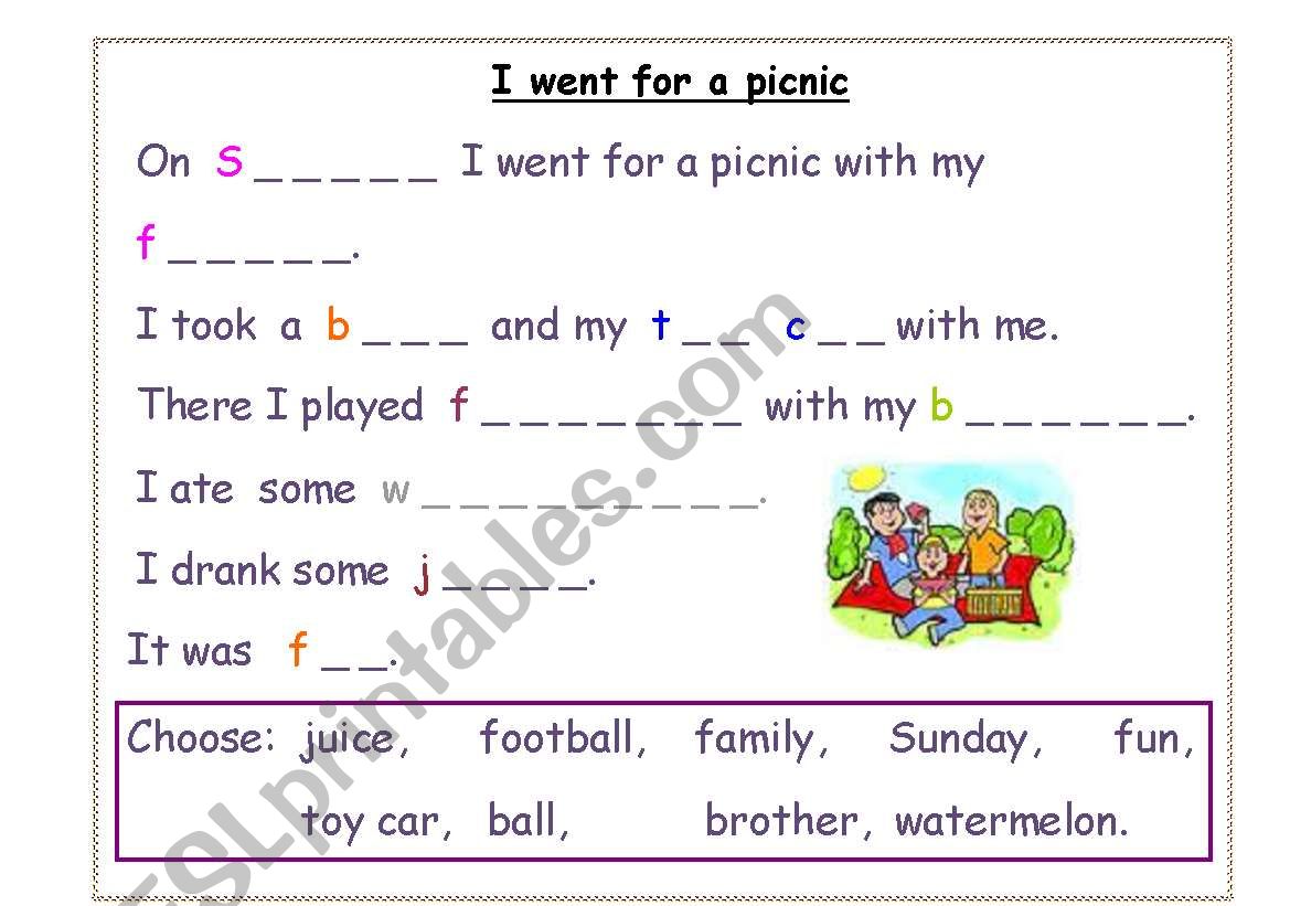 I went for a picnic worksheet