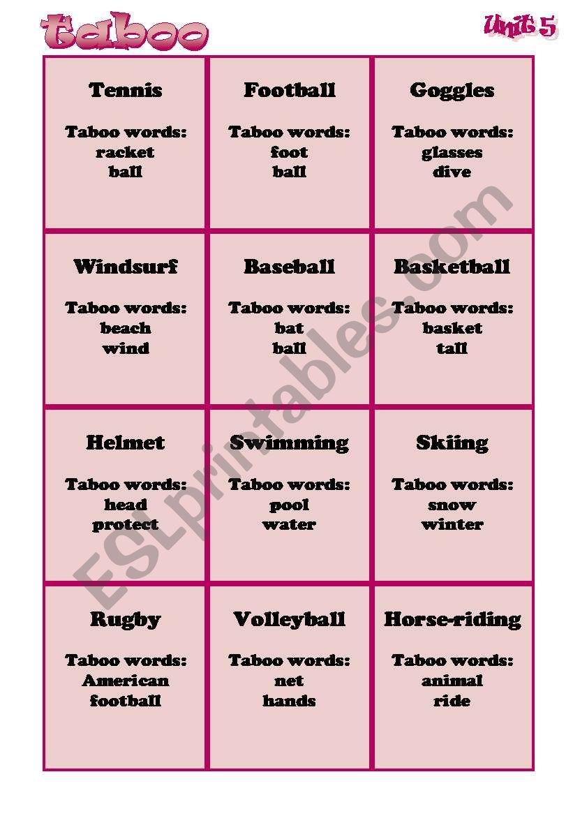 sports taboo worksheet