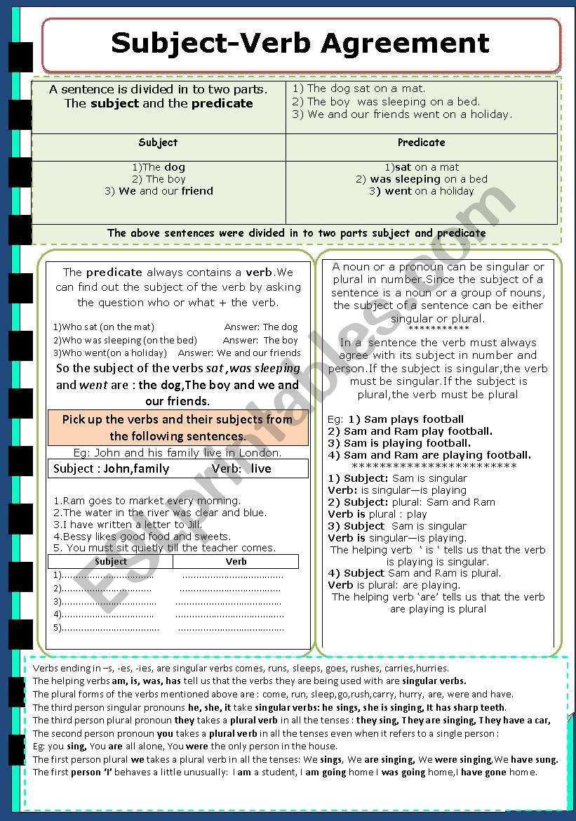 Subject Verb Agreement Worksheet Esl