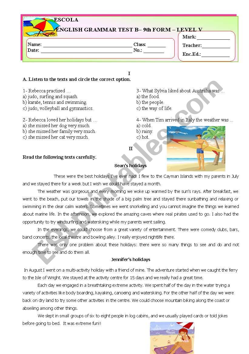 Test  Holidays B  worksheet