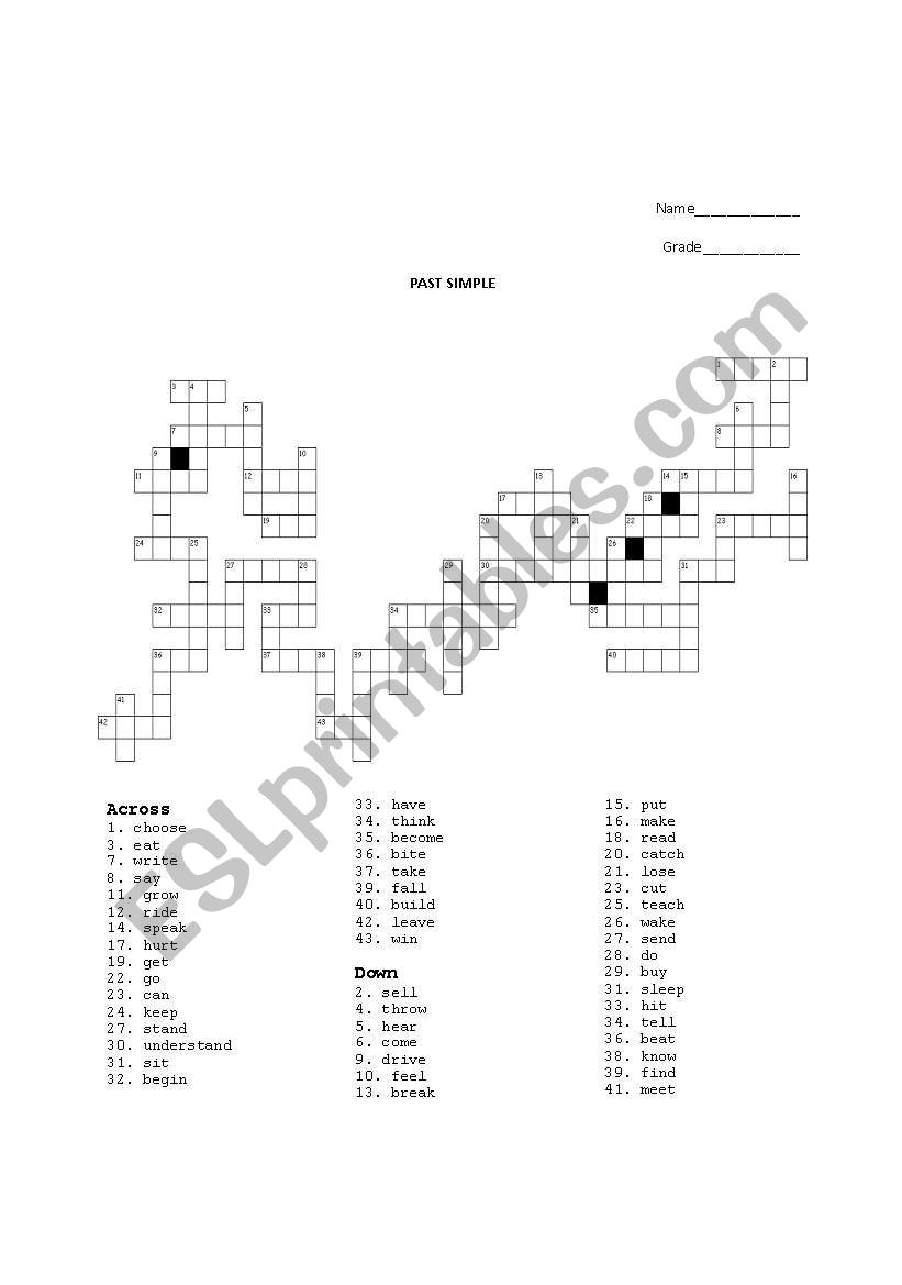 Past simple crossword worksheet