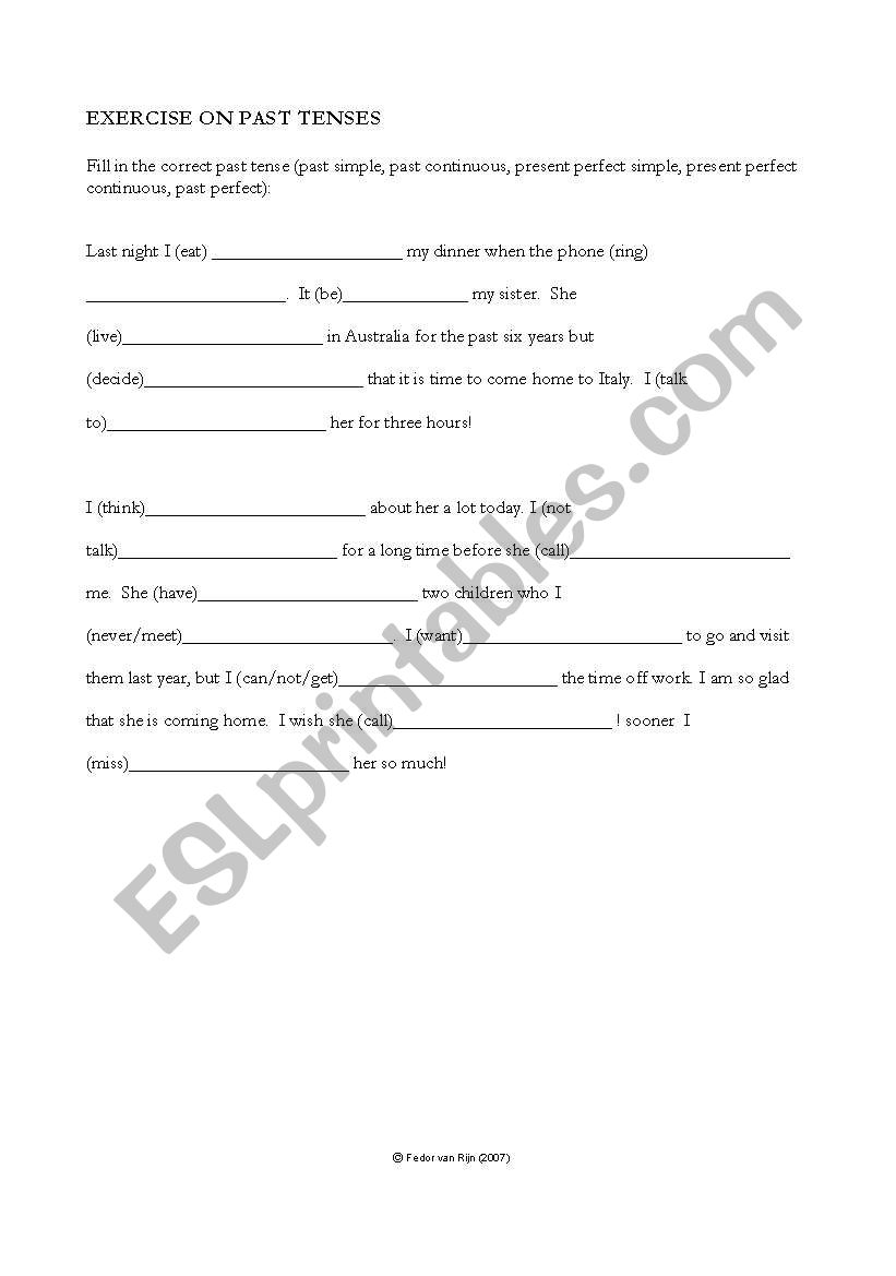 Exercise about past tenses worksheet