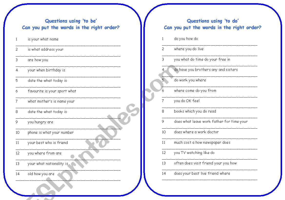Questions using be and do - reorder the words then answer
