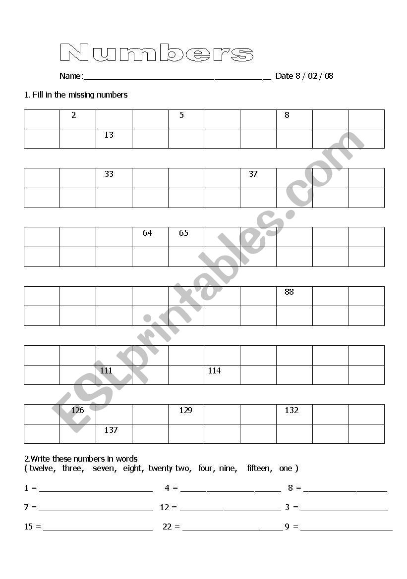 Number recognition - seeing the 1 to 9 cycle, writing number names, reading number names and writing numbers