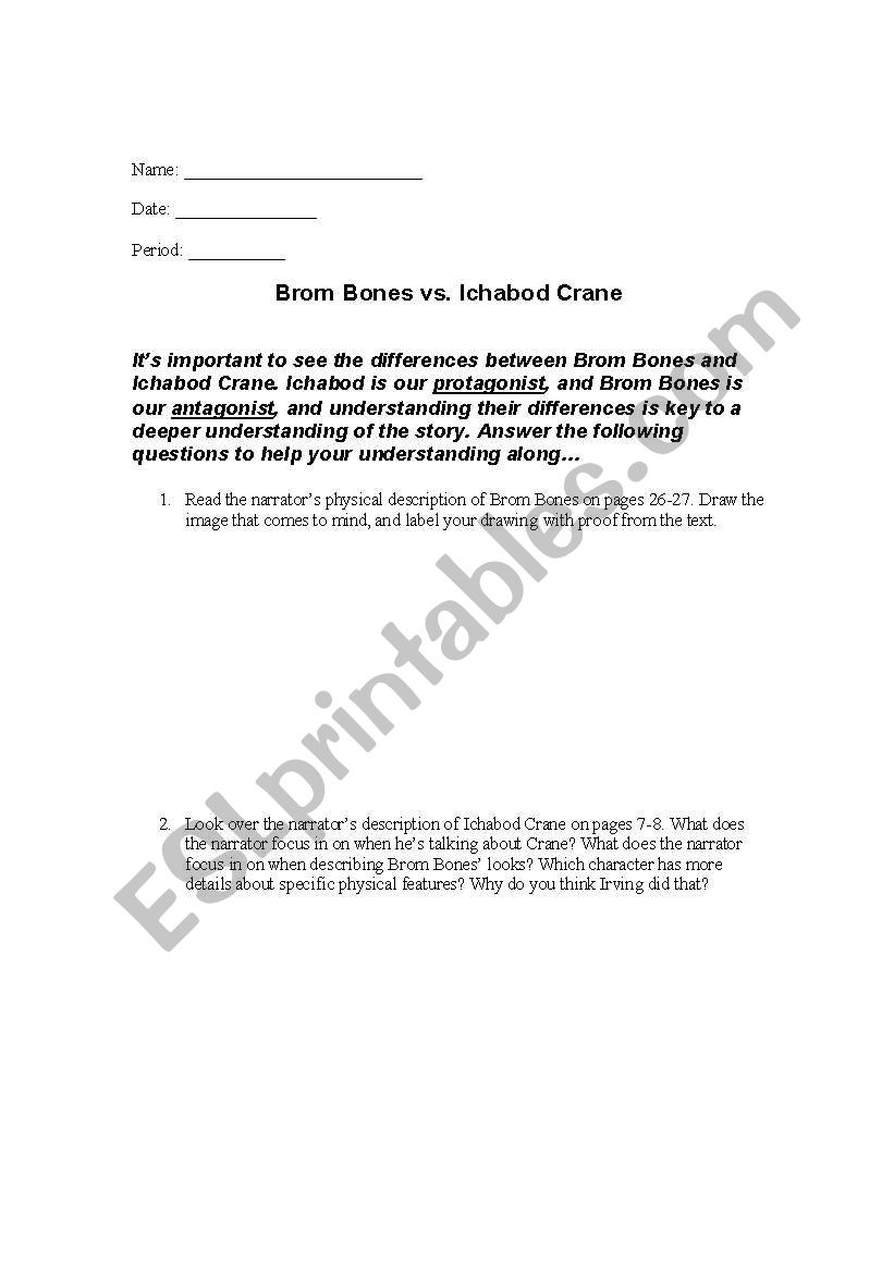 Brom Bones vs. Ichabod Crane worksheet