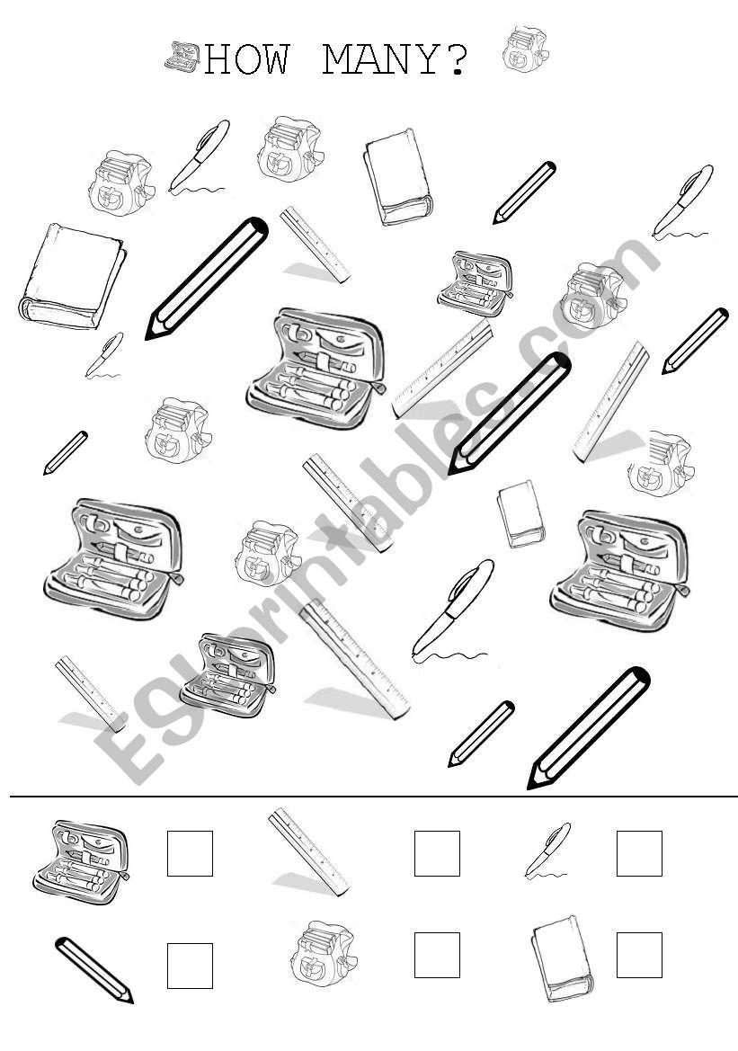 school objects - numbers worksheet