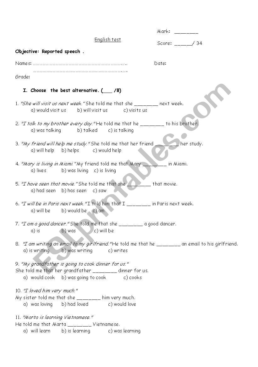 reported speech test worksheet