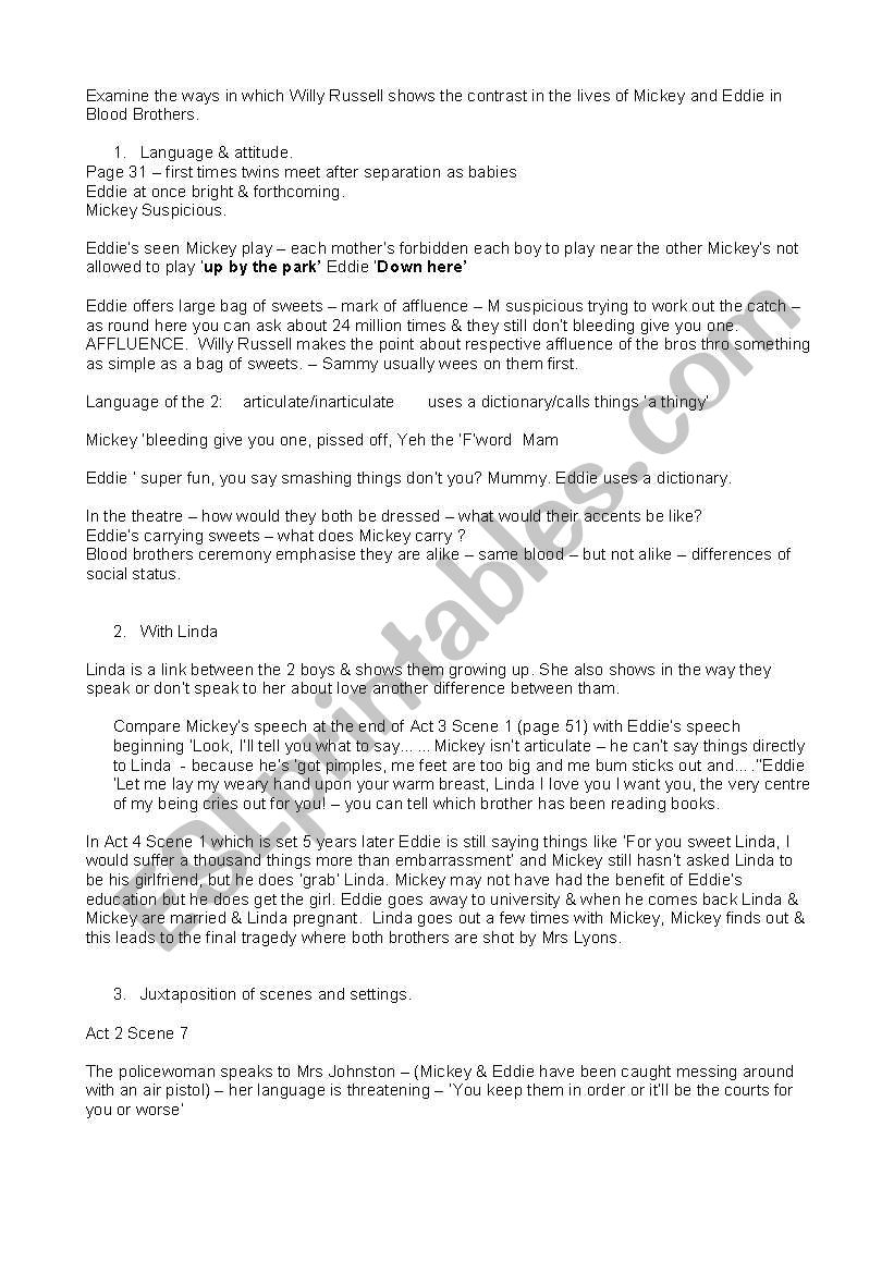 Blood brothers notes worksheet
