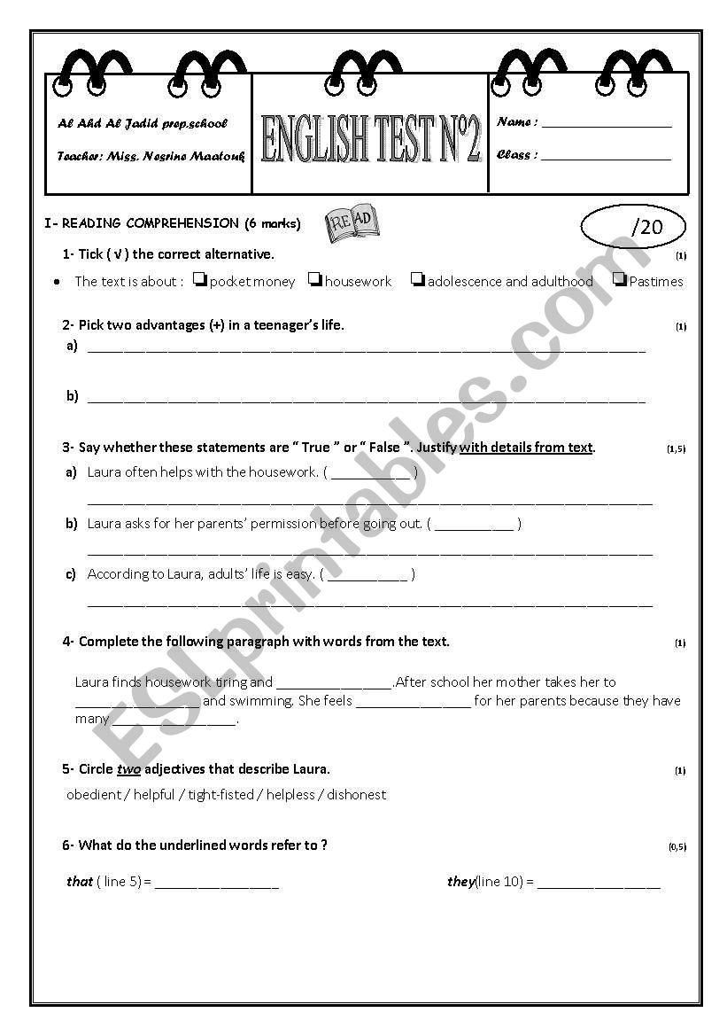 TEST 2 9TH FORM worksheet