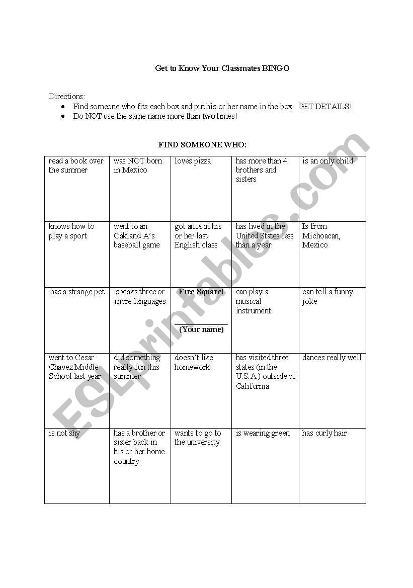 Getting to Know Your Classmates Bingo