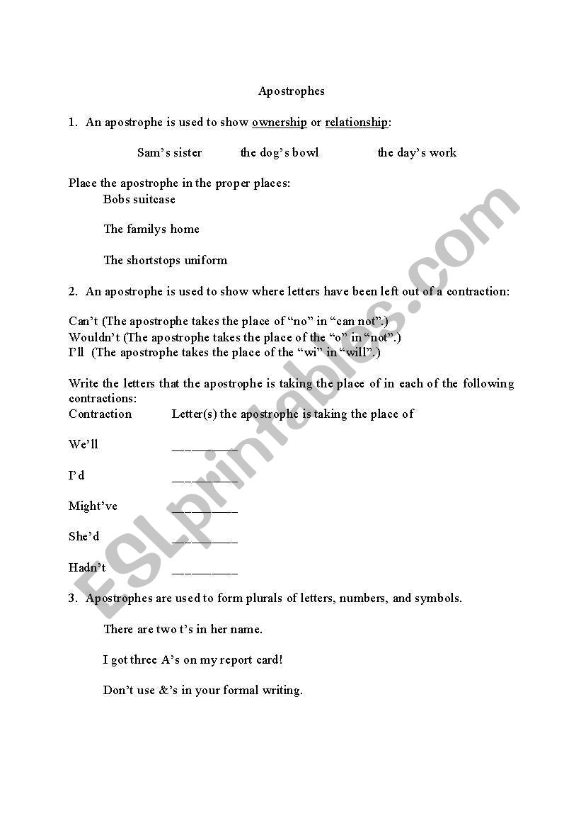 Intruduction to Apostrophes worksheet