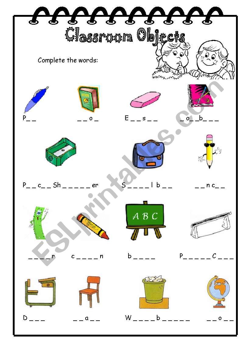 Classroom Objects - Complete the words