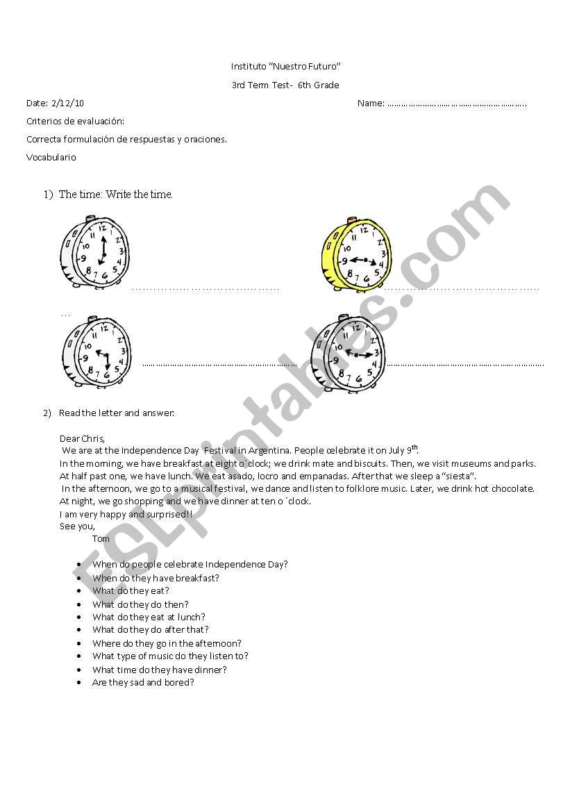 3RD TERM TEST FOR 6TH GRADE worksheet