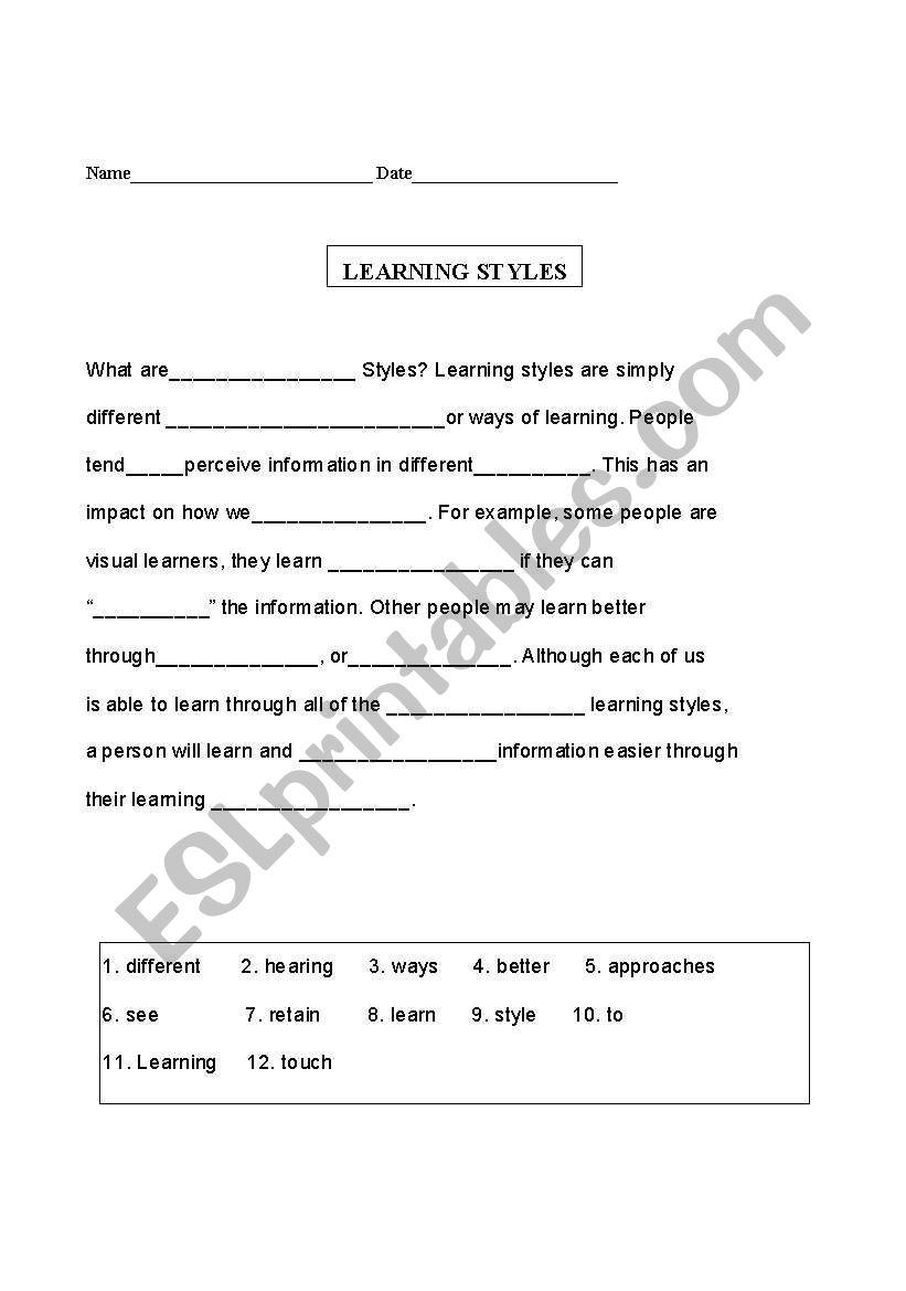 Learning styles cloze passage worksheet