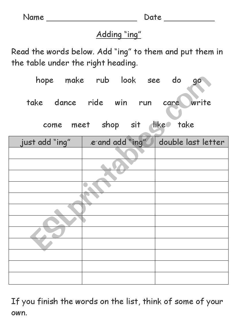 adding ing worksheet