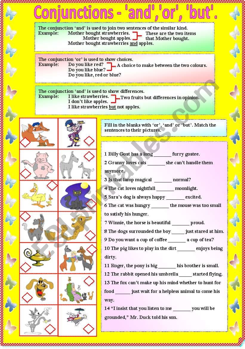 Conjunctions - and, or, but (with B/W and answer key)**editable