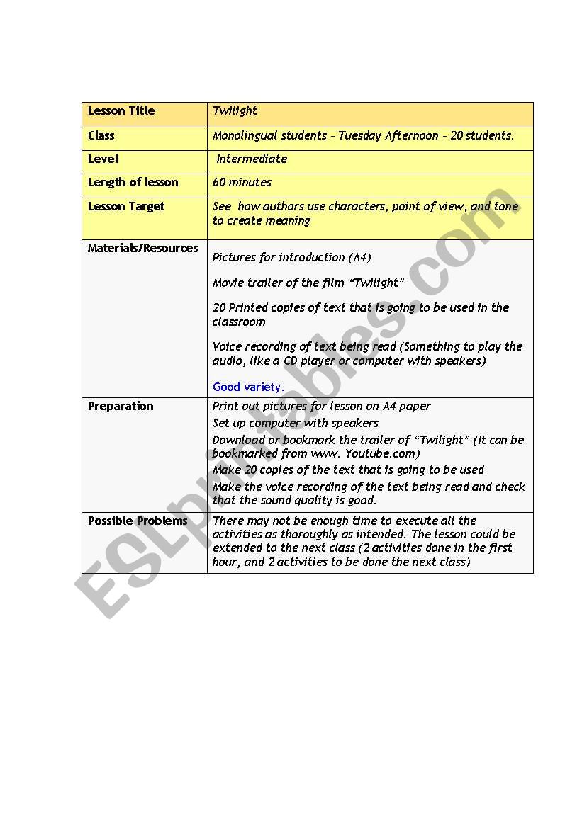 Twilight lesson plan worksheet