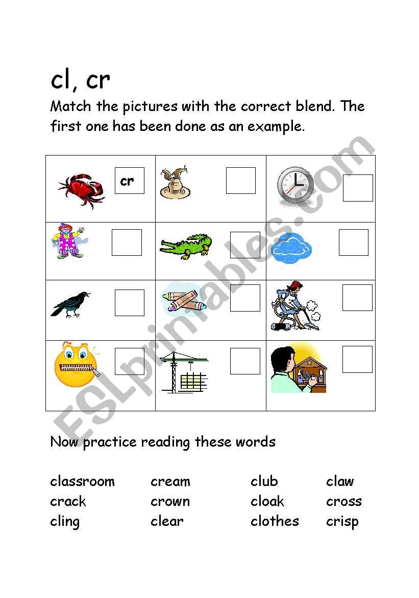 blends cl, cr  worksheet