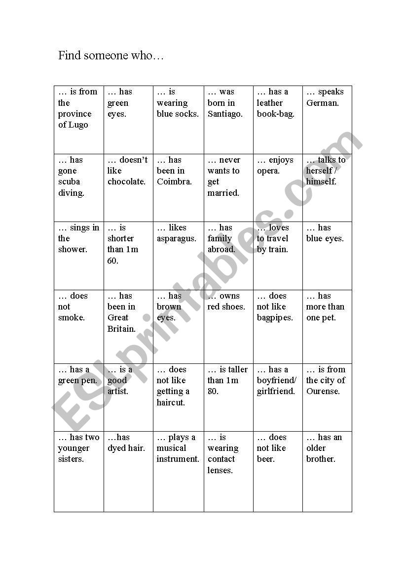 Bingo- Find someone who... worksheet