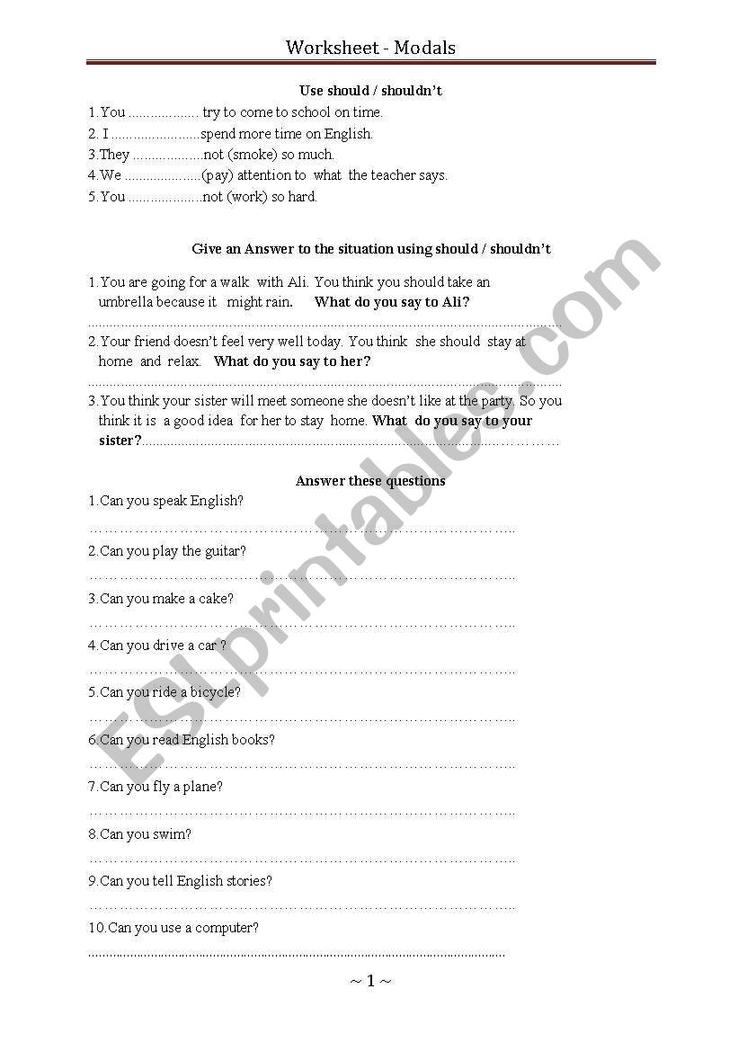 Worksheet On Modals worksheet